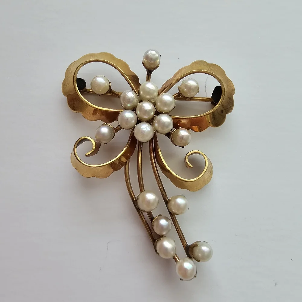 Vintage Signed FB Foster & Bailey 1/20 12K Gold Filled Pearl Bow Brooch MCM
